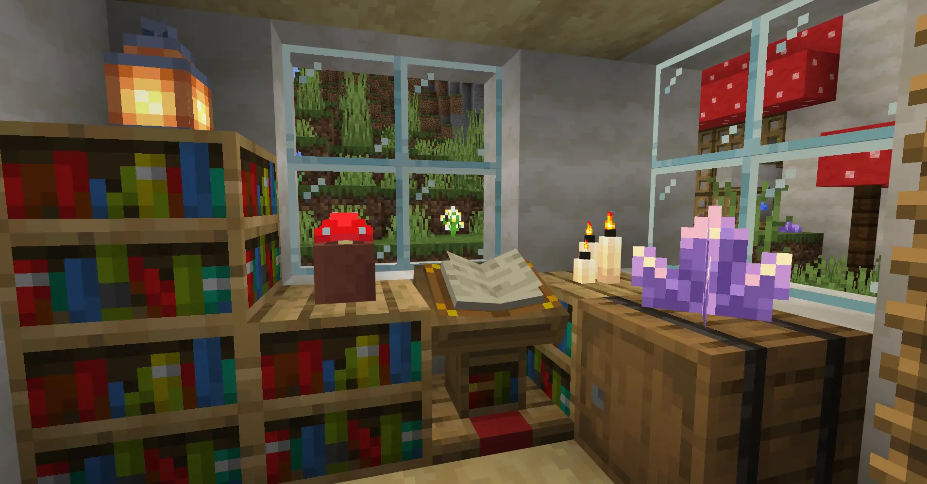 Minecraft room filled with bookshelves, and a pen resting on a book