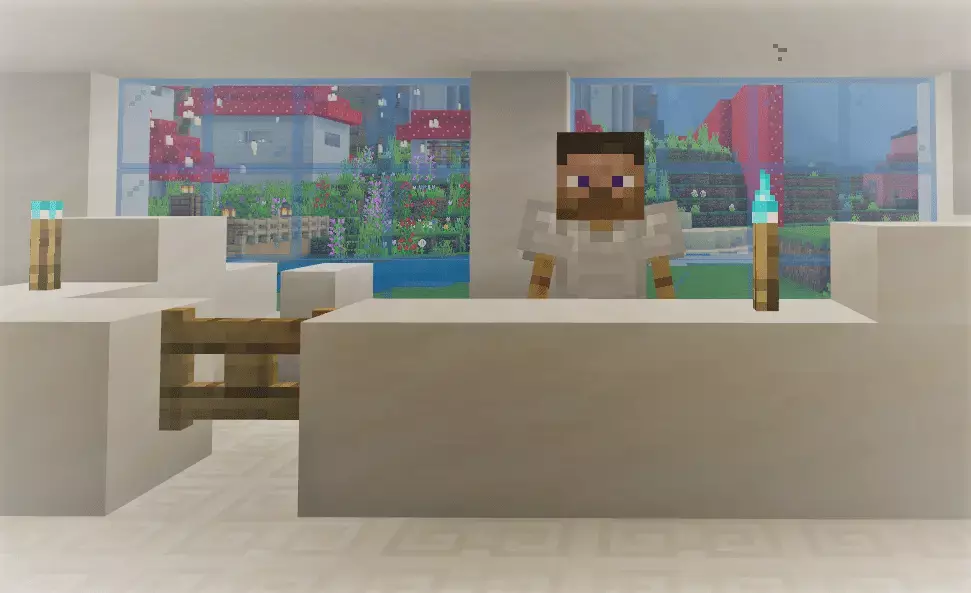 Minecraft avatar standing at Minecraft reception desk